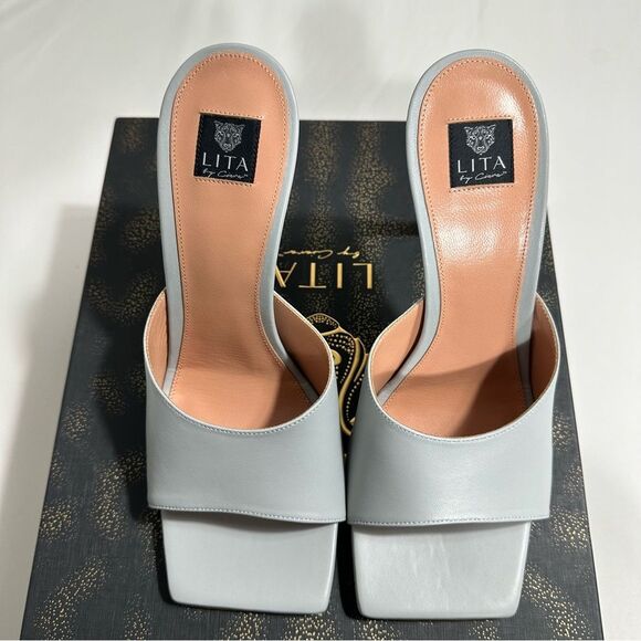 LITA BY CIARA Womens Sandals EU 40 Silver Solid Square Toe Leather Slide Formal - Picture 5 of 15